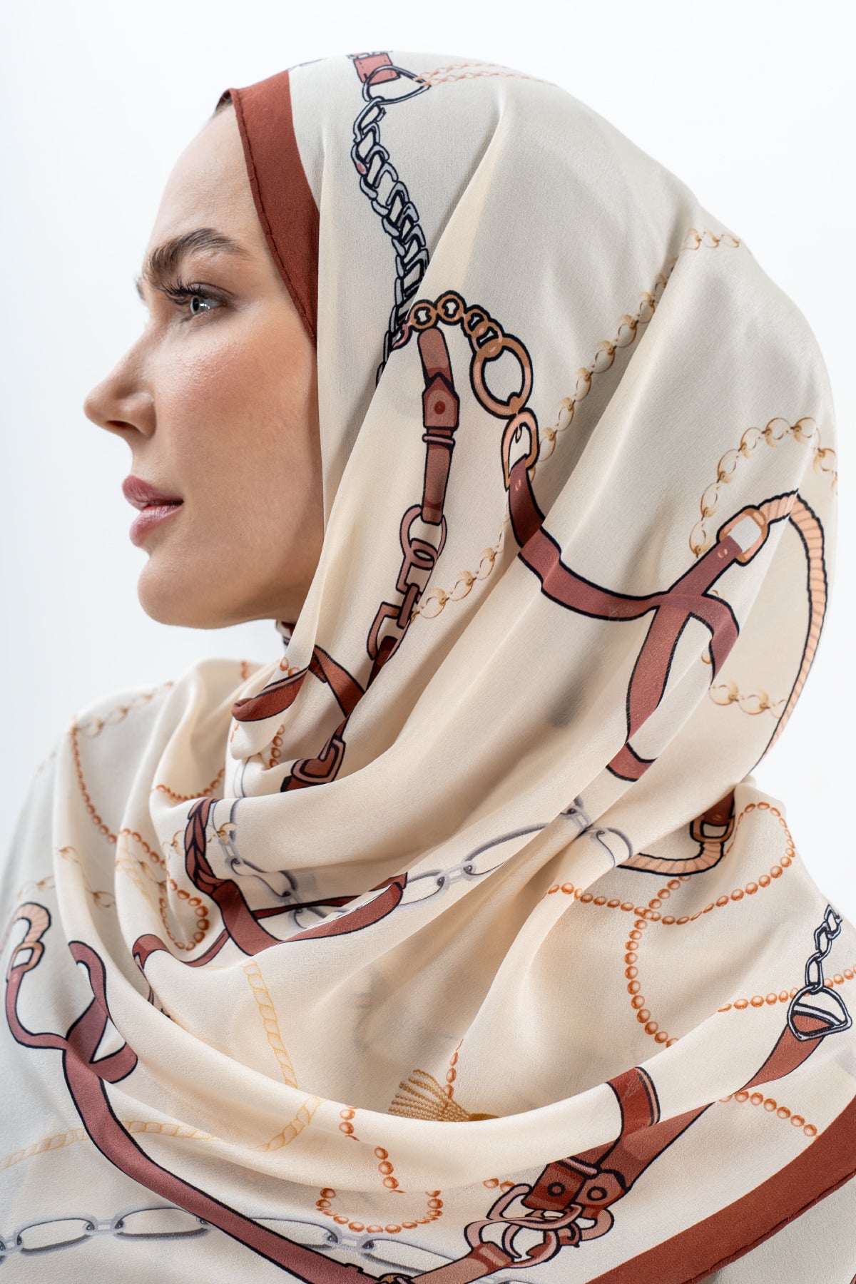 Asil Zincir Krem Kahve Krep İpek Şal 73×193