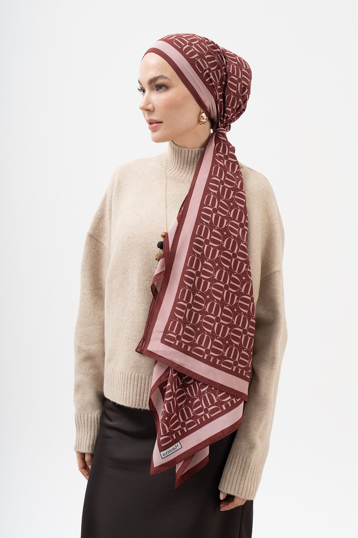 Poyraz Bordo Monogram Krep İpek Şal 73x193