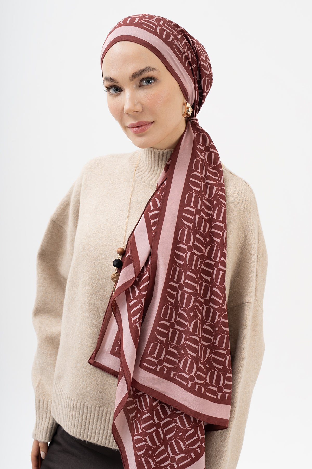 Poyraz Bordo Monogram Krep İpek Şal 73x193