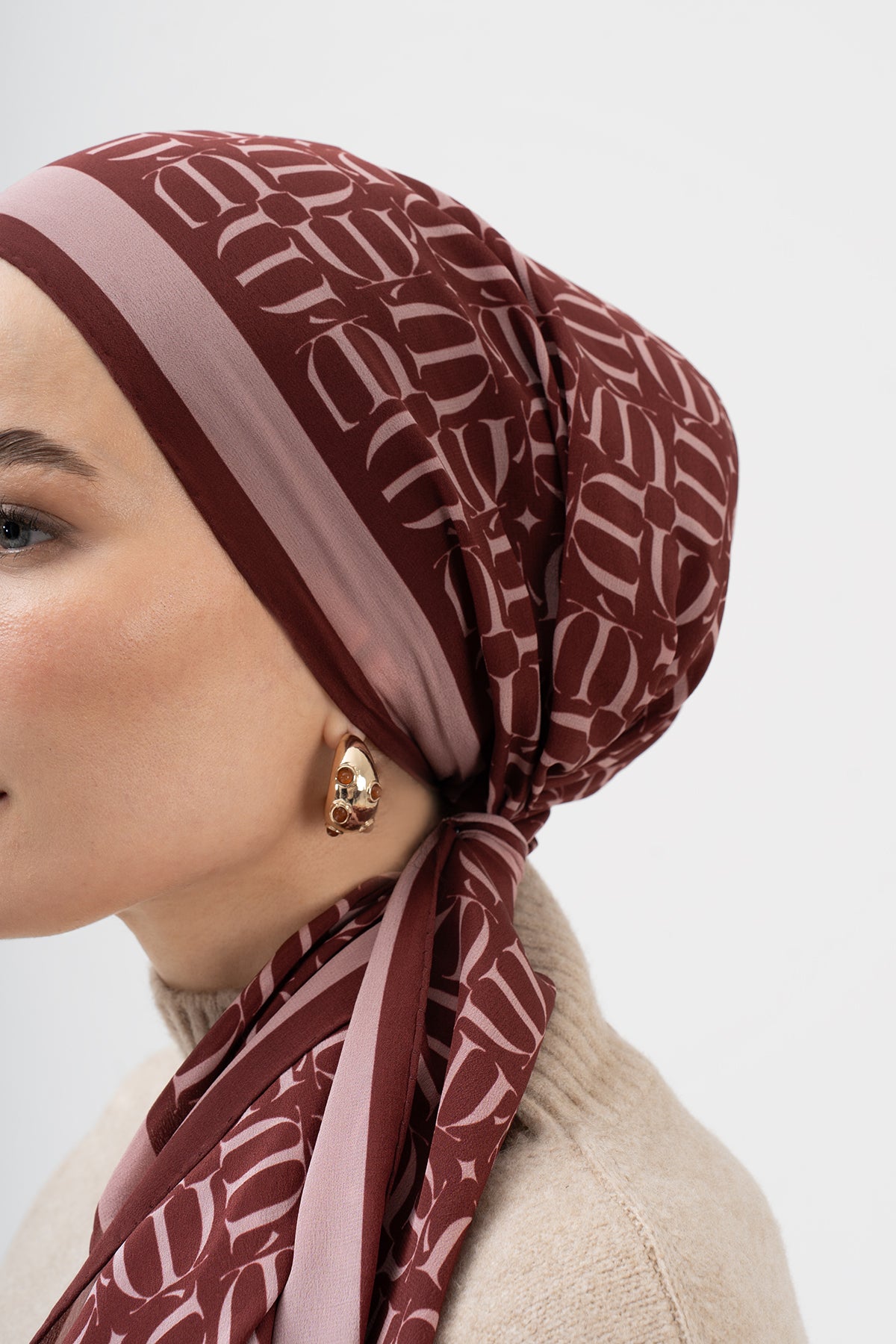 Poyraz Bordo Monogram Krep İpek Şal 73x193