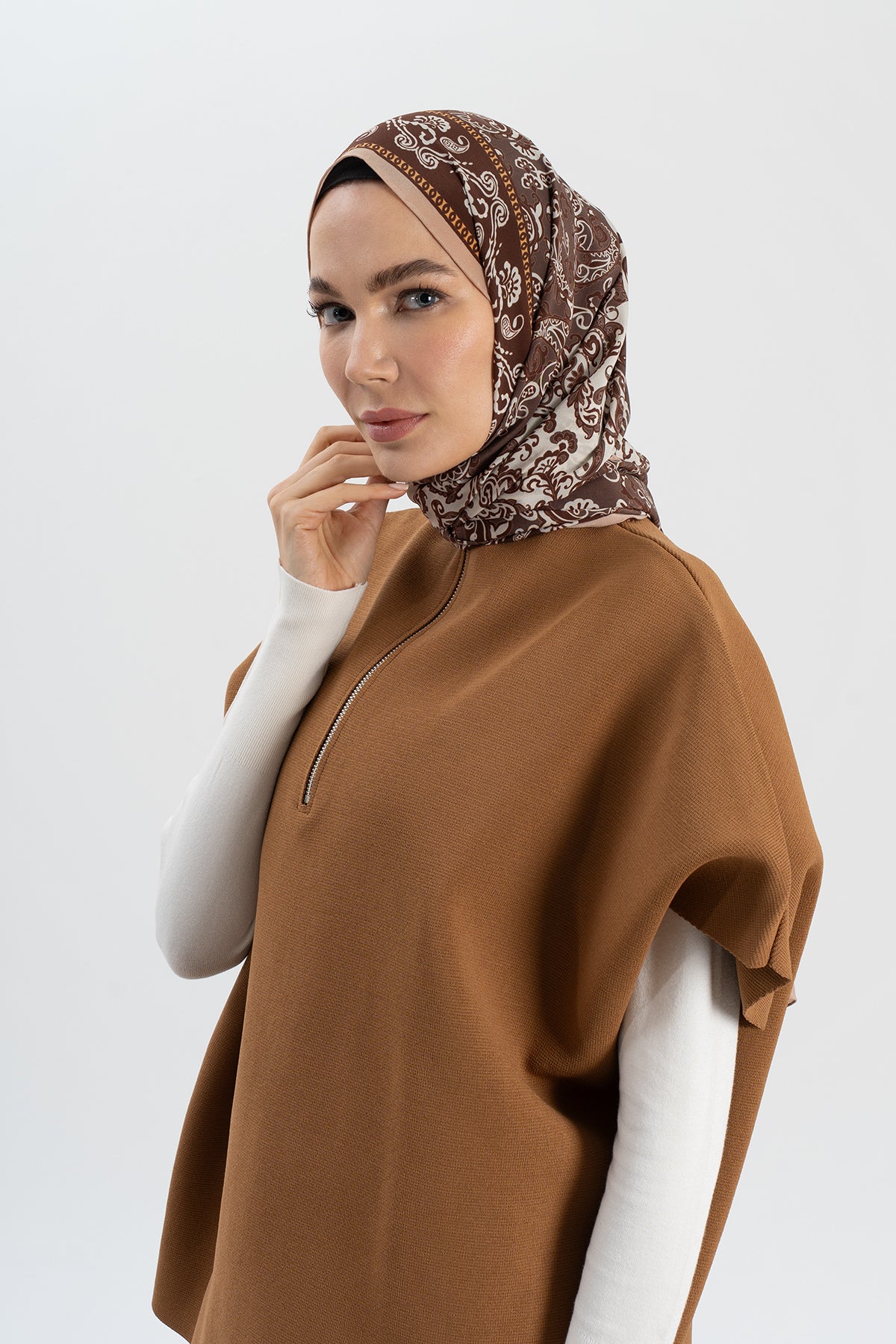 Kahve Paisley Krep İpek Şal 73×193