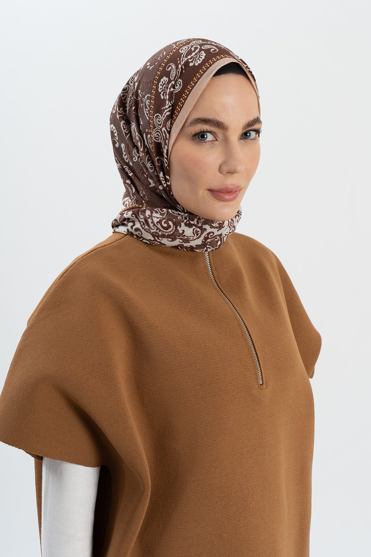 Kahve Paisley Krep İpek Şal 73×193