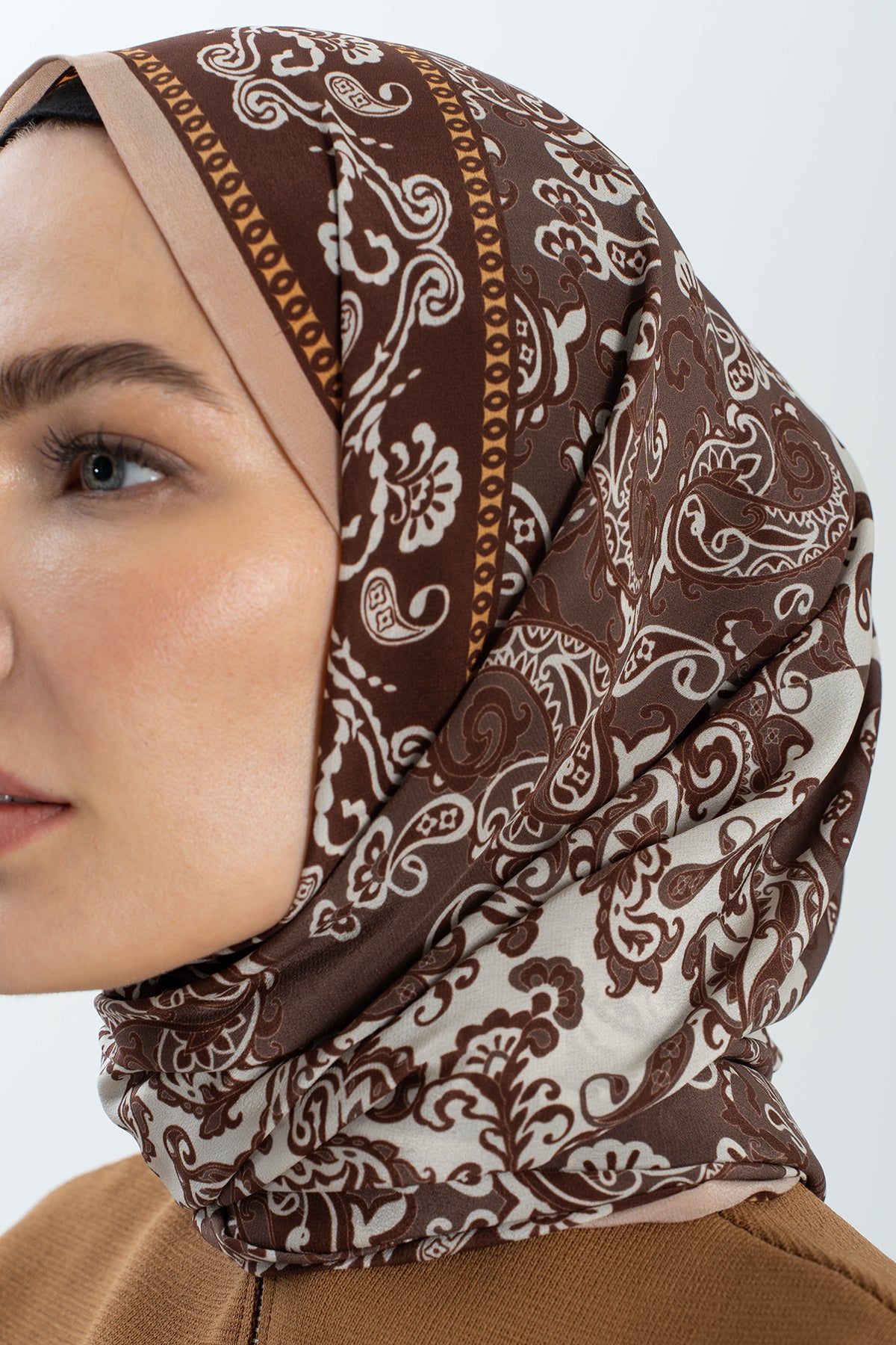 Kahve Paisley Krep İpek Şal 73×193