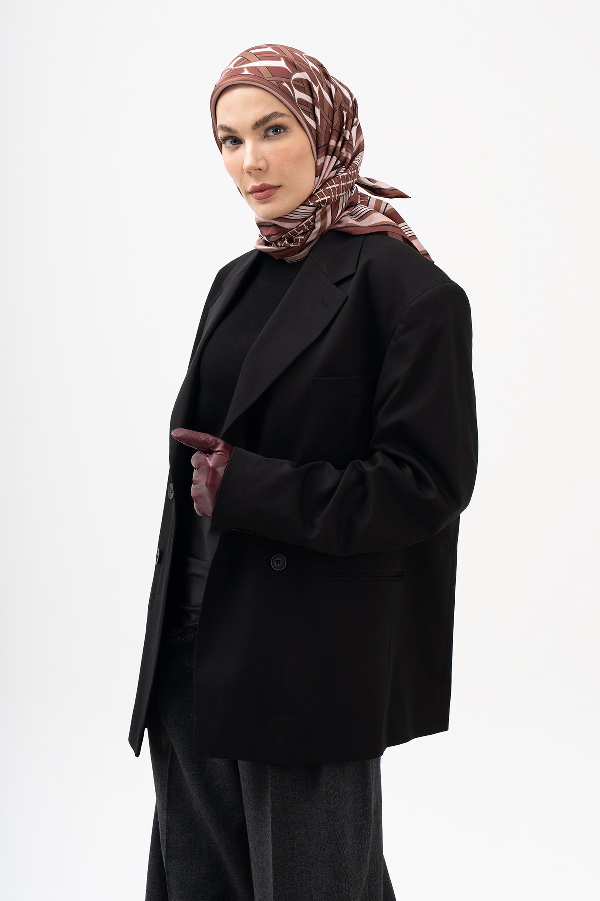 Koleksiyoner Bordo Monogram Twill İpek Eşarp 90x90