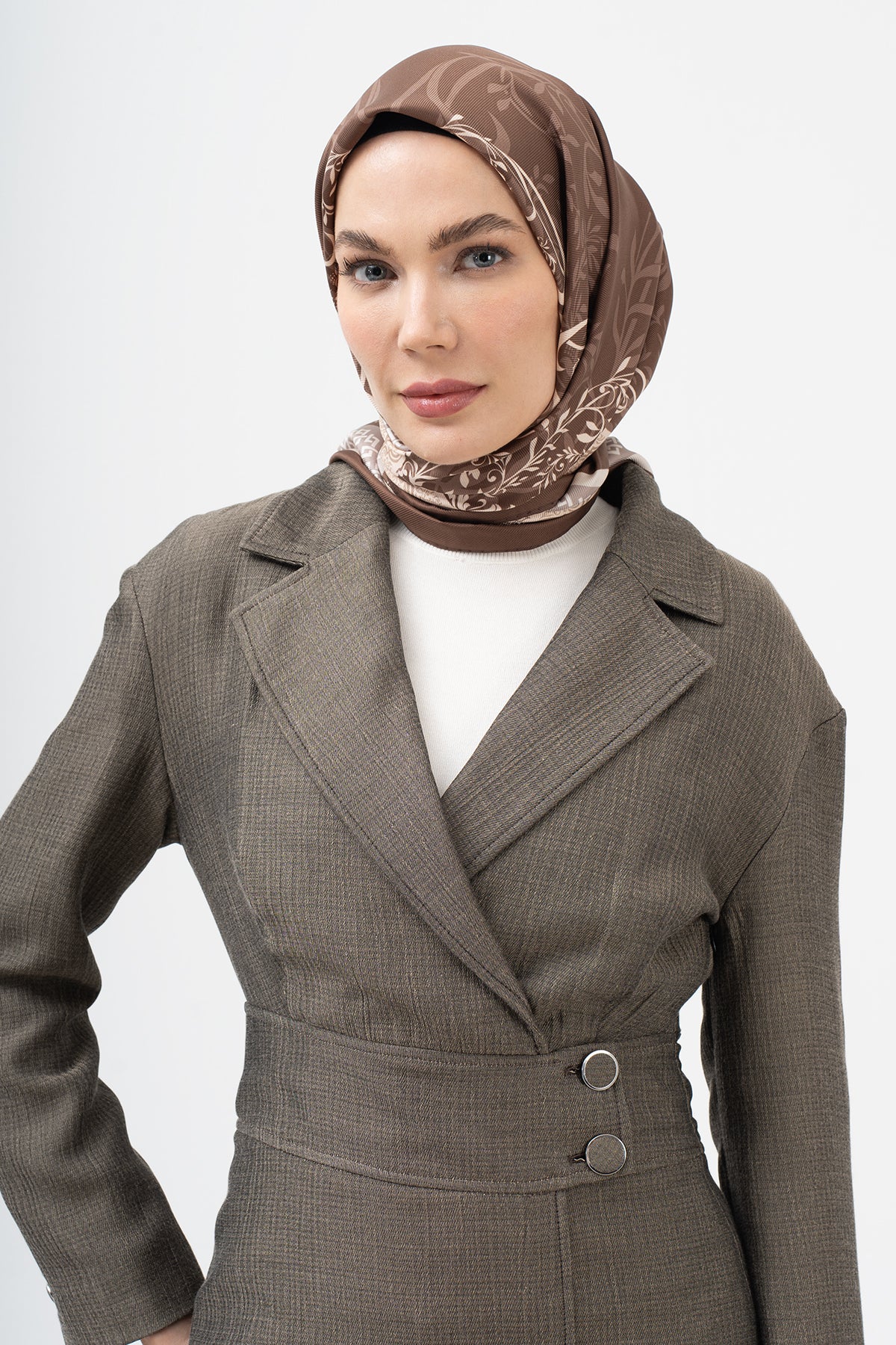 Kahve Safran Etnik Twill İpek Eşarp 90×90