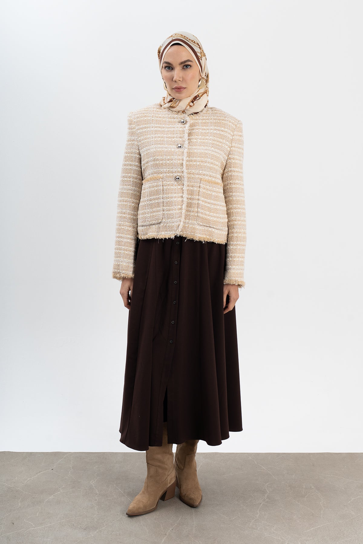 Altın Halka Zincir Halkalı Krep İpek Şal 73×193