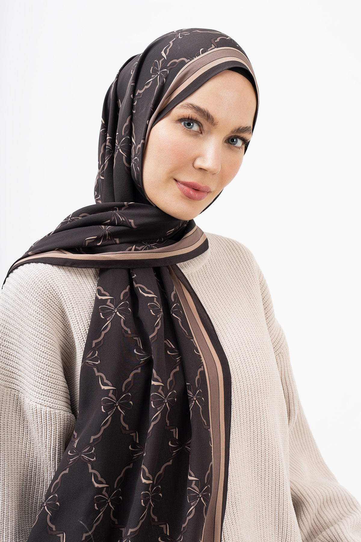 Kahve Kurdeleli Krep İpek Şal 73×193