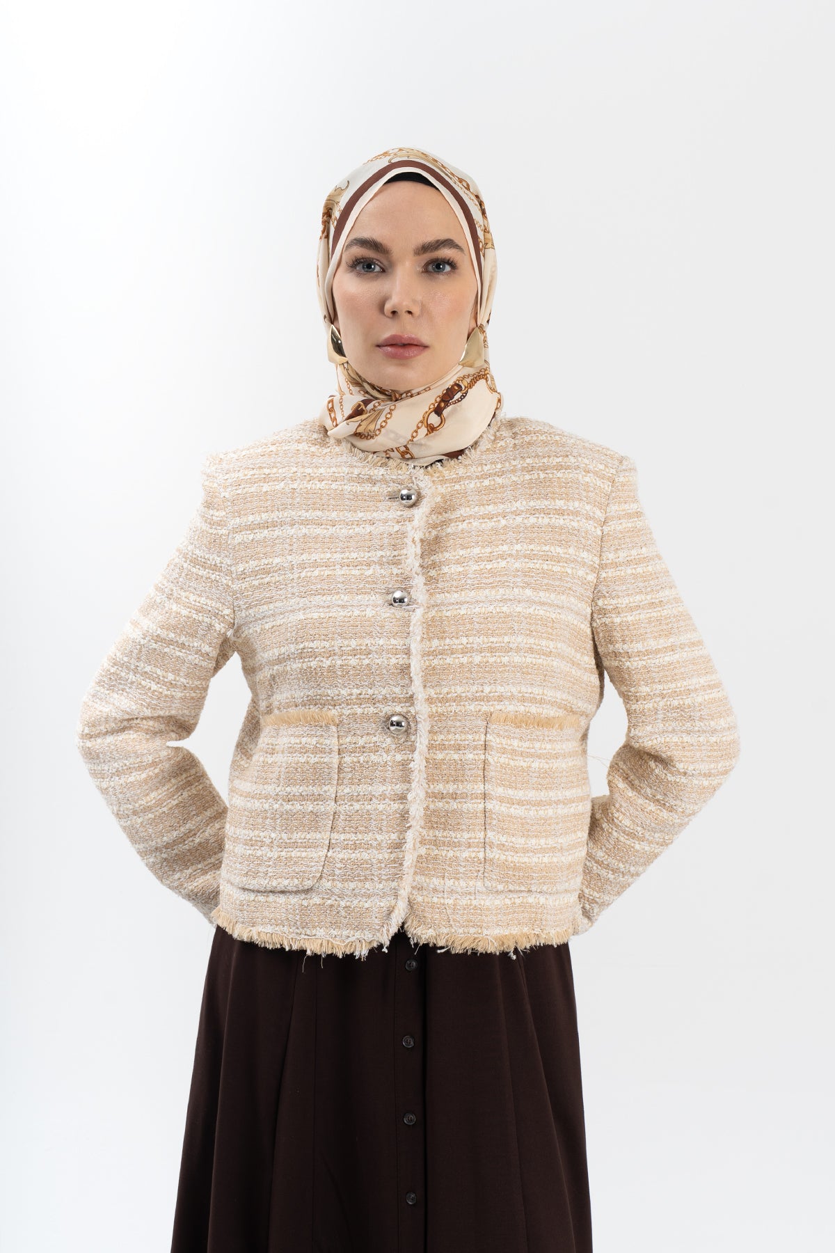 Altın Halka Zincir Halkalı Krep İpek Şal 73×193