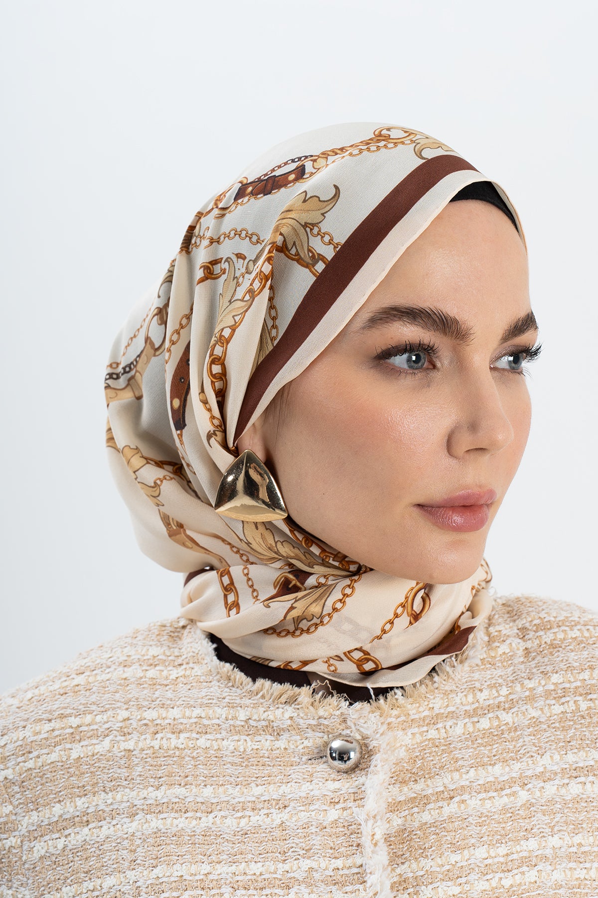 Altın Halka Zincir Halkalı Krep İpek Şal 73×193