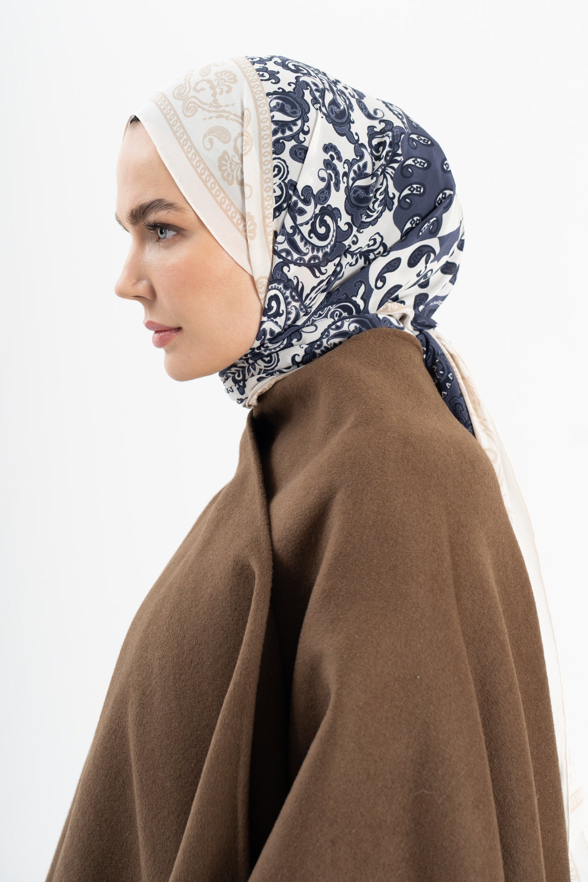 Derin Lacivert Paisley Krep İpek Şal 73×193