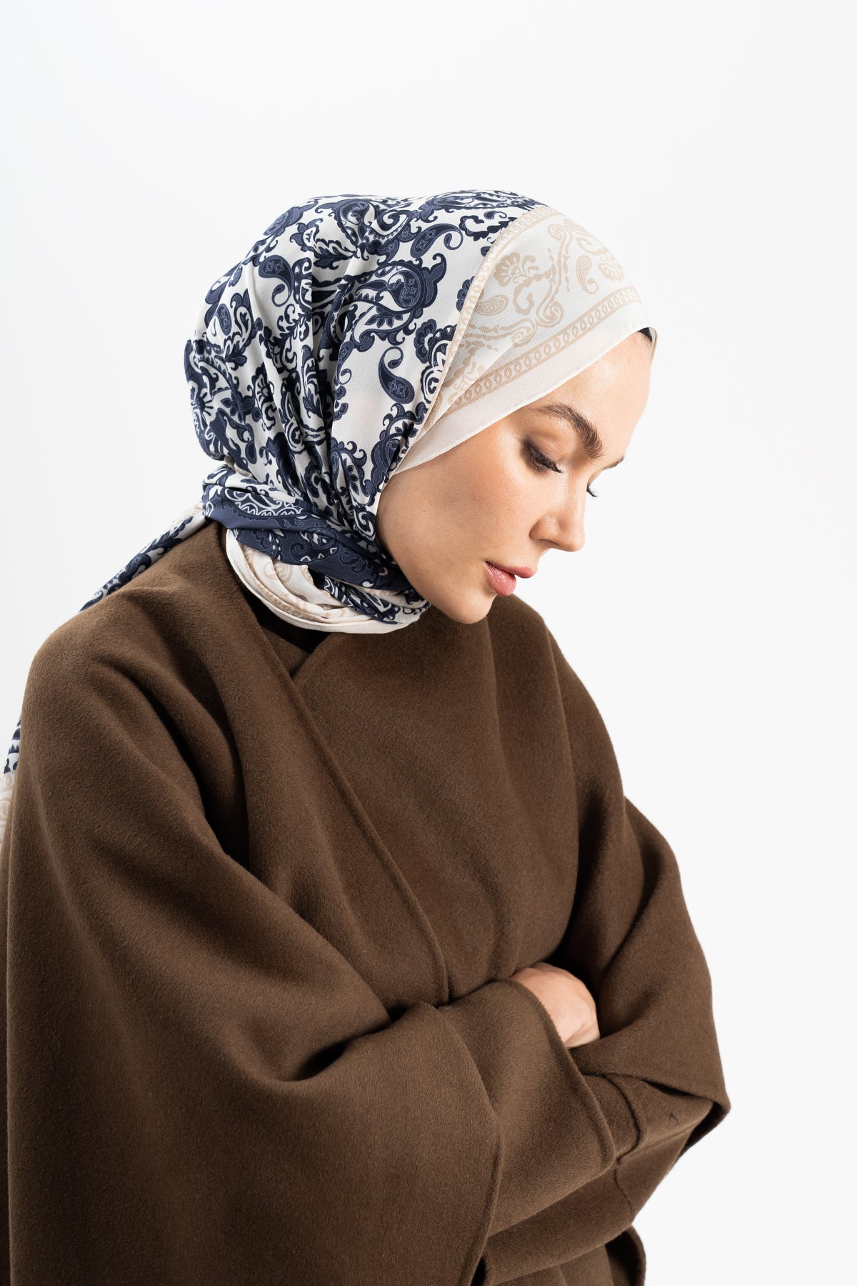 Derin Lacivert Paisley Krep İpek Şal 73×193