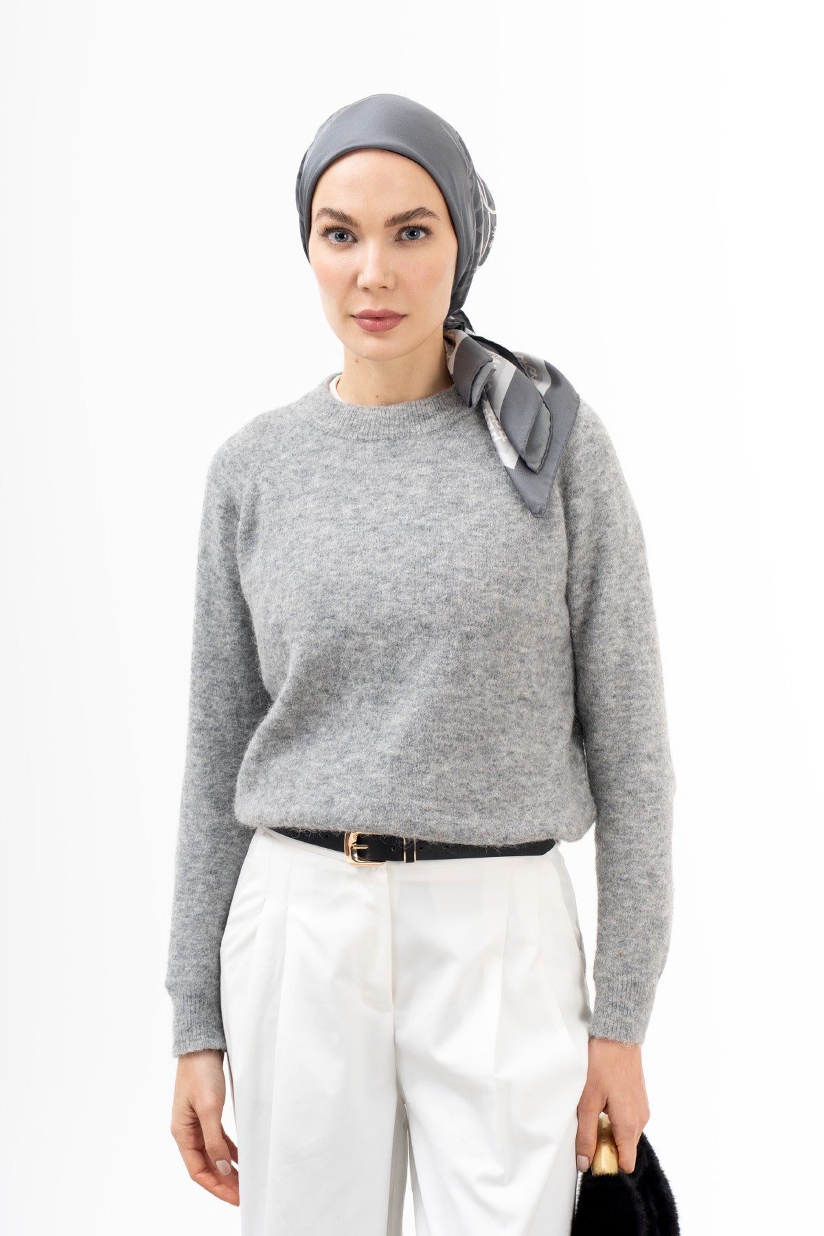 Kül Gri Etnik Twill İpek Eşarp 90×90