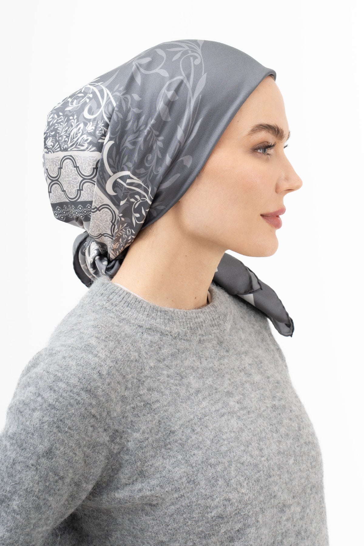 Kül Gri Etnik Twill İpek Eşarp 90×90