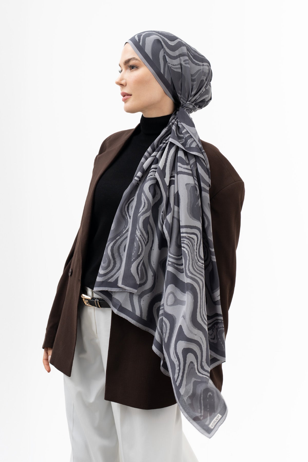 Gri Mermer Dalga Krep İpek Şal 73x193