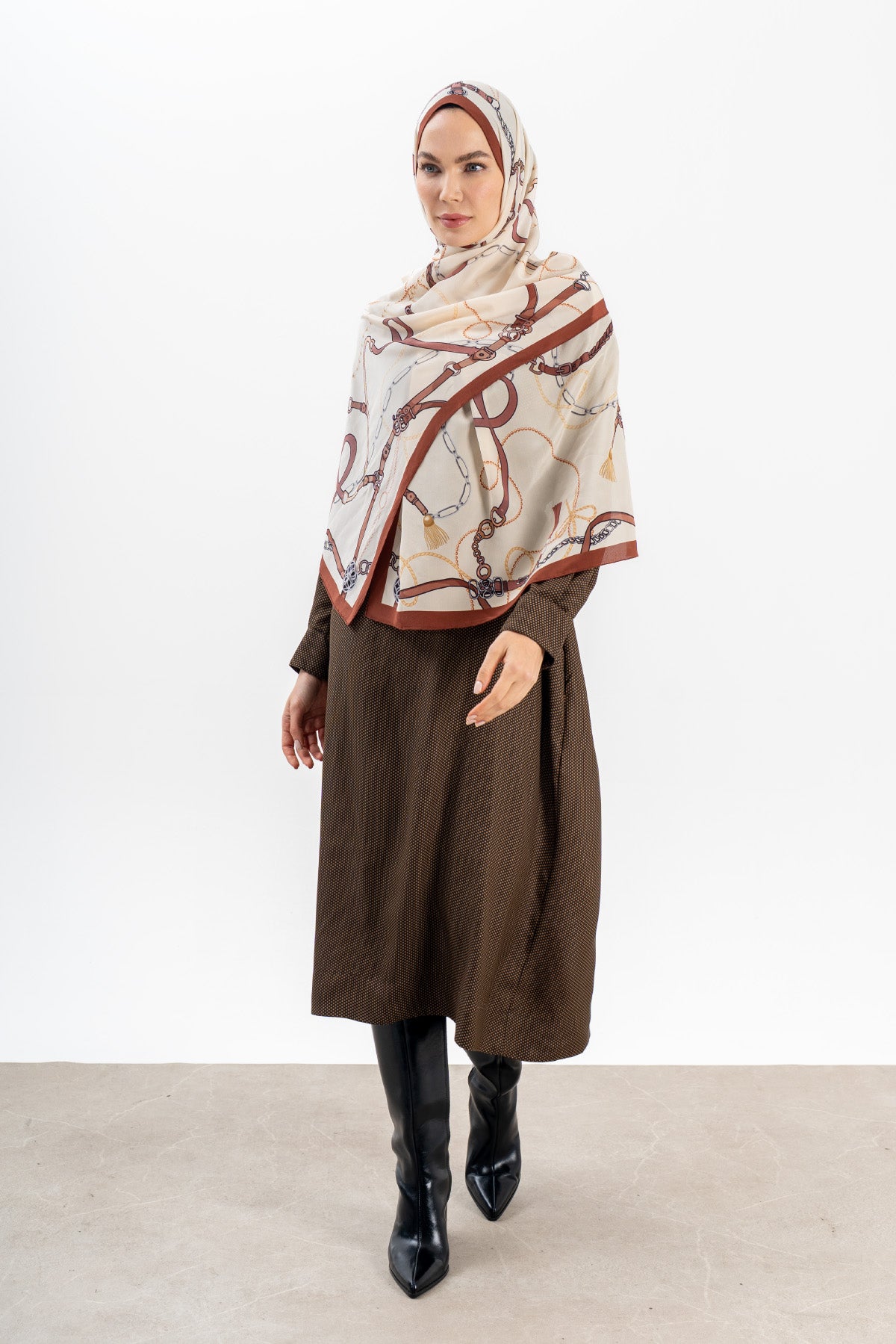 Asil Zincir Krem Kahve Krep İpek Şal 73×193