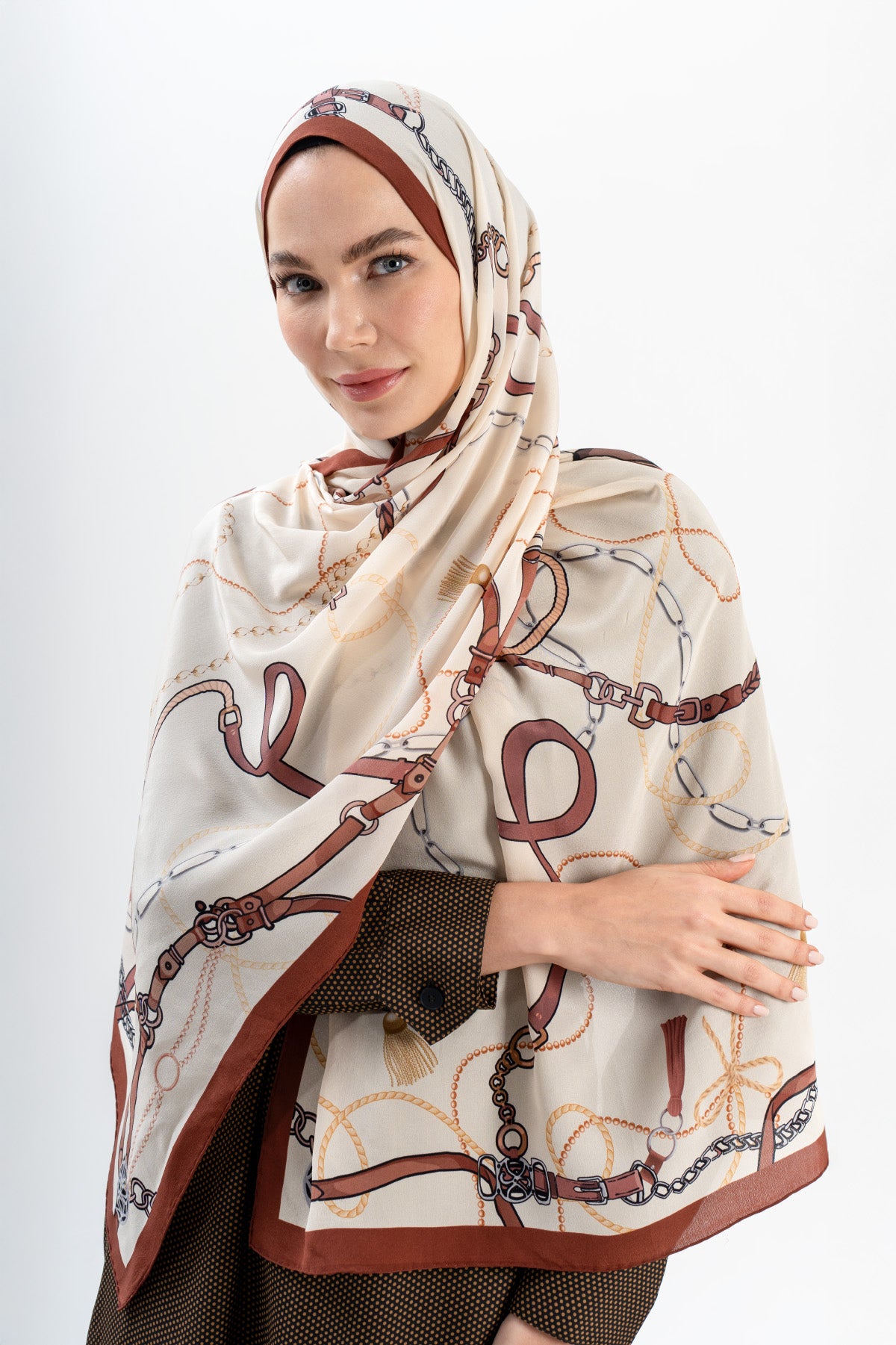 Asil Zincir Krem Kahve Krep İpek Şal 73×193