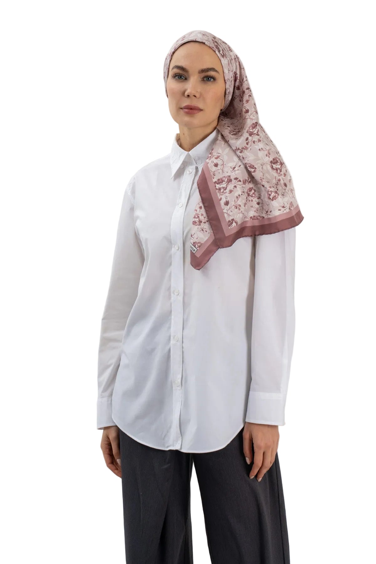 Şafak Pudra Çiçek Twill İpek Eşarp 90×90